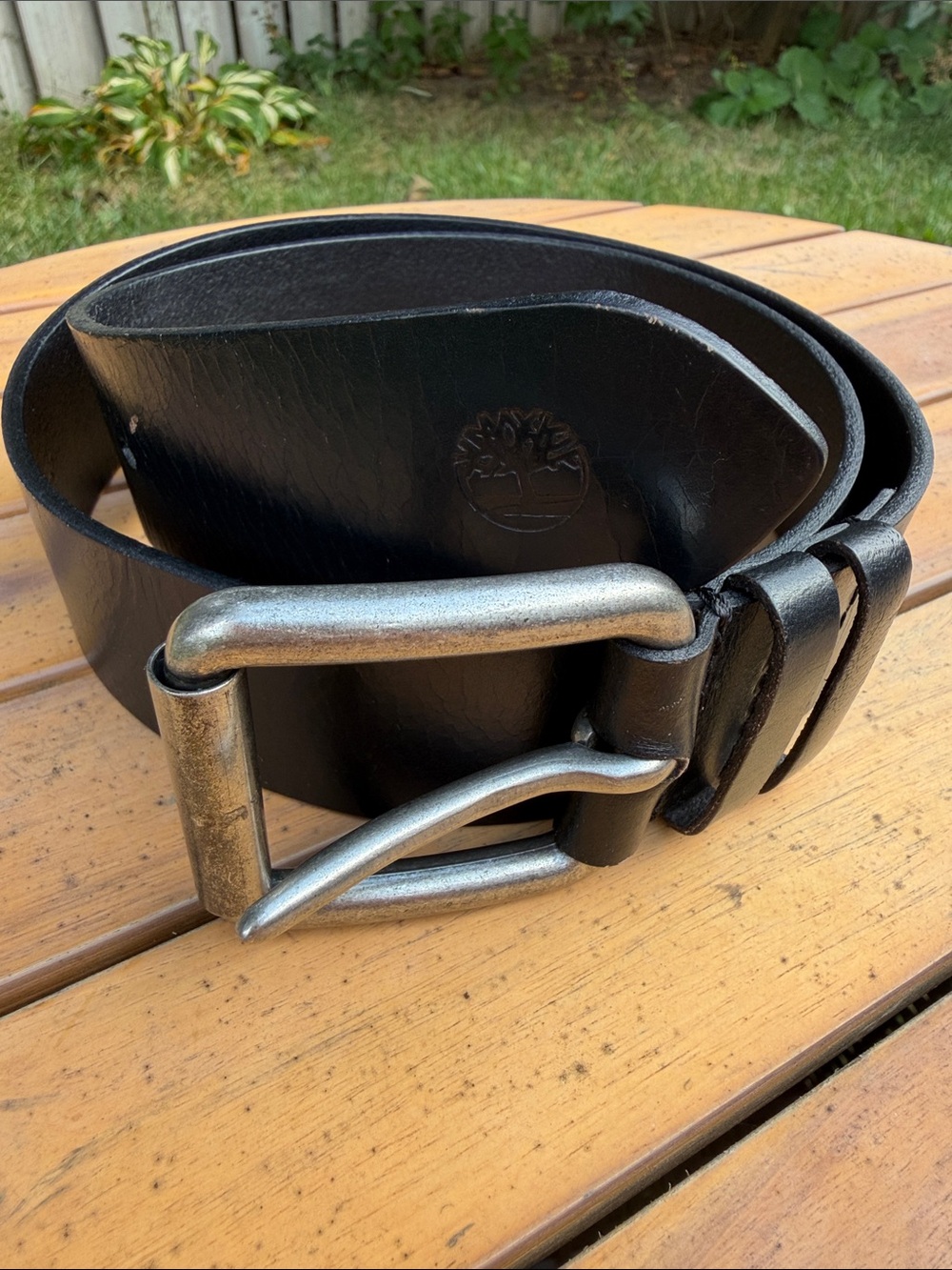 Timberland Men Black Genuine Leather Belt Antique Silver Buckle Tree Logo